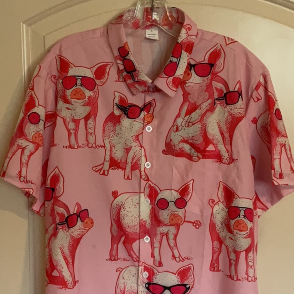 Funky Pig Sunglasses Men’s Button Down Hawaiian Bowling Shirt- Size Large